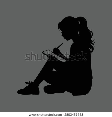 Girl writing silhouette vector sitting with notebook for education, learning, study, and creative writing concepts.