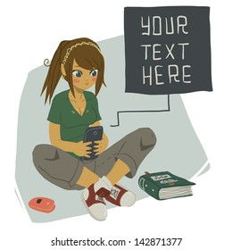 Girl Writing Text Message on Her Mobile Phone. The vector illustration of young girl writing message on her mobile phone.