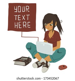Girl Writing Text Message on notebook. The vector illustration of young girl writing message on her mobile phone.