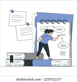 Girl written in paper Work with documents, filling forms. Blank, crumpled paper, pencil, stickers, binder clip. Vector illustration front view