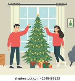 Girl y boy decorating a christmas tree with presents. Cozy home holiday. Flat vector illustration, for card, posters, web.