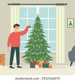 Girl y boy decorating a christmas tree. Cozy home holiday. Flat vector illustration, for card, posters, web.