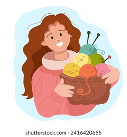 A girl with yarn in a basket, knitting, hobbies.