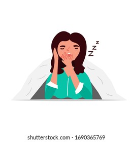 Girl yawns under the covers. Character design. Vector editable illustration