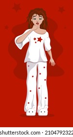 the girl yawns and wants to sleep. Illustration woman in white pajamas standing yawn on a red background. Daily morning routine. Sleepy female
