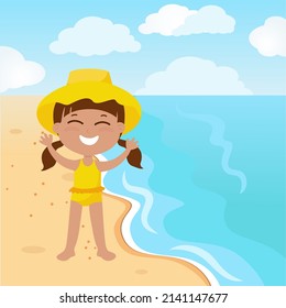 A girl in a yellow bathing suit and a hat stands on the sand near the sea. The child sunbathes on the embankment and smiles happily. Cartoon illustration. 