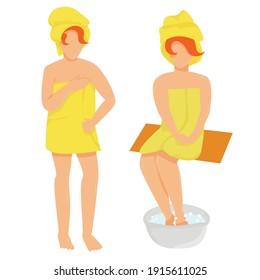 girl in a yellow bathrobe-towel on a white background stands and sits. vector flat. rest and hygiene. isolated