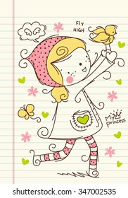Girl and Yellow Bird Vector
