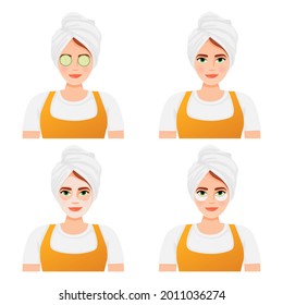 a girl in yellow clothes with a towel on her head with patches on her face with a mask on her face with cucumbers on her eyes is doing cosmetic procedures