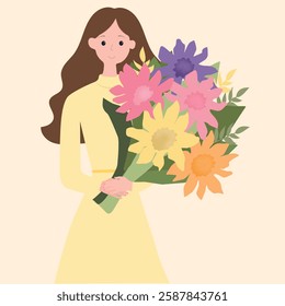 girl in yellow dress with a bouquet of flowers, on light background, mother's day, women's day, illustration, vector

