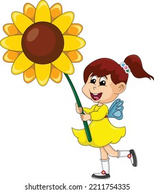 The girl in the yellow dress brings sunflowers cartoon vector illustration