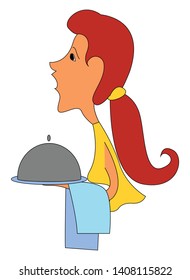 A girl in a yellow dress carrying a plate of food to be served, vector, color drawing or illustration. 