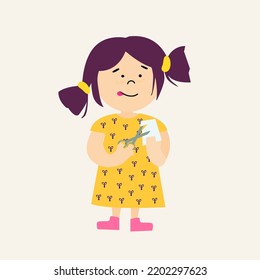 Girl in the yellow dress is cutting a piece of paper with scissors. Child character isolated on white background. Hand drawn illustration