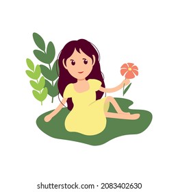 Girl in a yellow dress in nature. Summertime. Vector illustration in flat cartoon style	