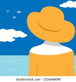 A girl in a yellow ensemble stands before the ocean in a minimalist fashion and beauty illustration.