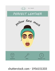 Girl in a yellow face mask. Cosmetics packaging design. The face of a smiling girl.