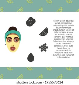 Girl in a yellow face mask. Homemade mask recipe with lemon, egg, honey and cream Template with ingredients and place for text. The face of a smiling girl.