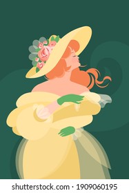 A girl in a yellow fluffy dress of the 18-19th century stands and holds a scarf in green gloves. Red hair develops in the wind. Colorful vector illustration in flat cartoon style.