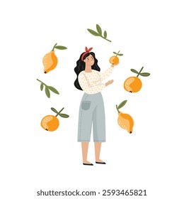 girl with yellow fruits on white background, flat vector illustration