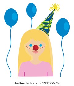 A girl with a yellow hair, blue eyes, pink shirt, blue birthday hat, red clown nose and three blue balloons, cartoon, vector, color drawing or illustration.