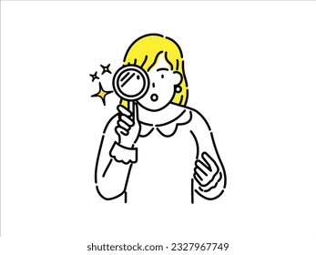 Girl with yellow hair looking through a magnifying glass, looking for something.