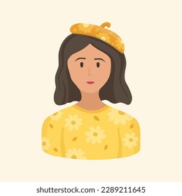 A girl in a yellow hat with a flower pattern.