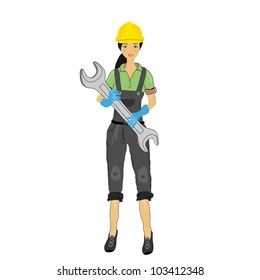 girl in a yellow helmet with a wrench isolated on white, vector image