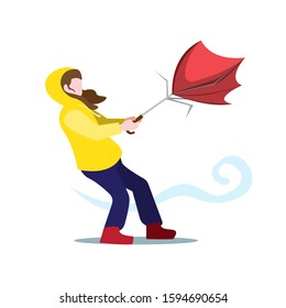 Girl in yellow jacket pull an broken umbrella in strong wind, bad weather hurricanes and storm in city. cartoon flat illustration vector