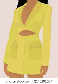 Girl in a yellow jacket and skirt with dark hair. Vector flat image of a girl in a stylish suit. Design for postcards, avatars, posters, backgrounds, templates, textiles.