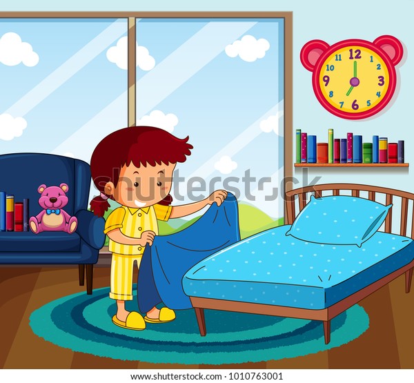 ベッドルームのイラストでベッドを作る黄色のパジャマの女の子 のベクター画像素材 ロイヤリティフリー