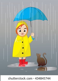 Girl yellow rain suit blue umbrella and a brown cat.