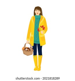 A girl, a yellow raincoat,  mushroom basket,  forest harvest. Vector illustration, white background.
