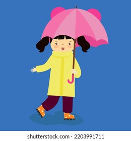 girl in a yellow raincoat with a pink umbrella