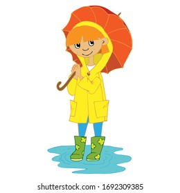 girl in a yellow raincoat with a red umbrella