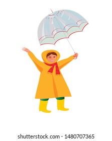 A girl in a yellow raincoat and rubber boots, with a transparent umbrella, rejoices in autumn. Vector.
