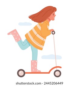 A girl in a yellow raincoat and rubber boots rides a scooter.
