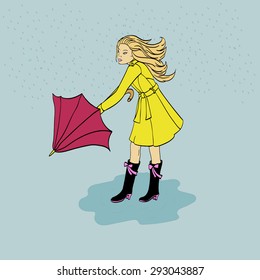 girl in yellow raincoat rubber boots with an umbrella