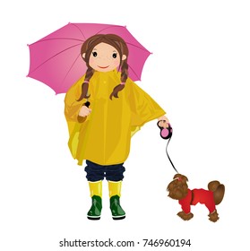 Girl in a yellow raincoat with an umbrella. Vector illustration.