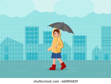 A girl in yellow raincoat. Woman wears a raincoat holding an umbrella. Rainy season. Isolated vector.