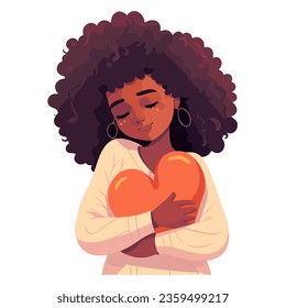 chica con camisa amarilla. mujer afroamericana abrazando un corazón. amor propio. amate a ti mismo.