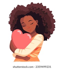 girl in yellow shirt. afro american woman hugging a heart. self love. love yourself.