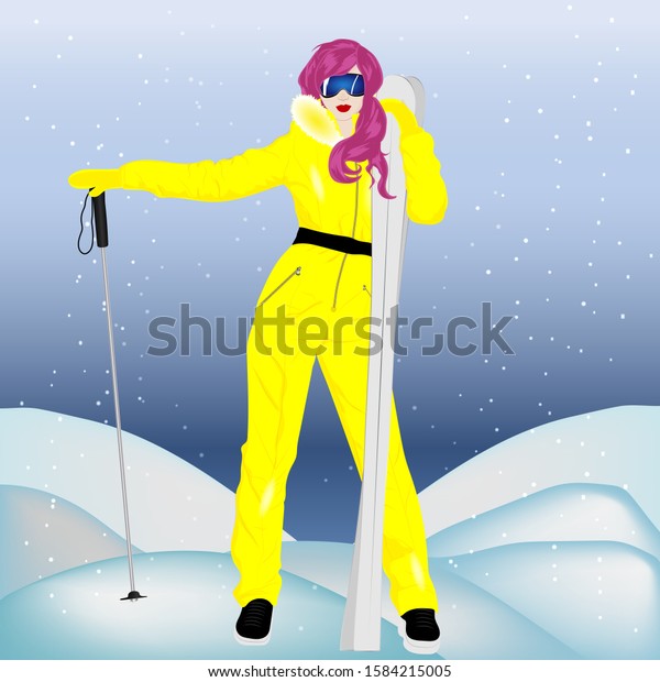 Girl Yellow Ski Suit Holds Skis Stock Vector (royalty Free) 1584215005 