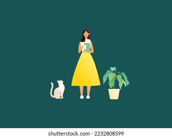 A girl in yellow skirt holding a cup of coffee and book with a white cat looking up on a teal background