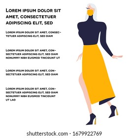 Girl in yellow skirt and yellow protective mask. Latest trend news, fashion bloggers post. Flat cartoon illustration with copy space on white background. Vector illustration.