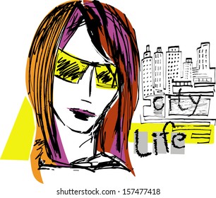 Girl in yellow sunglasses on the city background