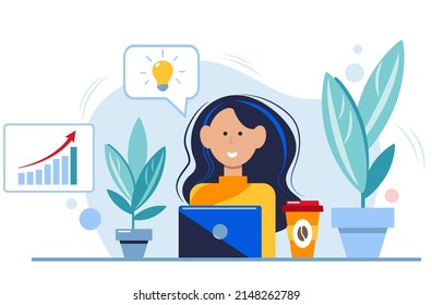Girl in yellow sweater with laptop and coffee in the office