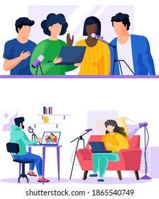 Girl in a yellow sweater is sitting in a chair, shoots video and text from from laptop on a camera. A man with headphones is sitting at a table with a laptop and recording a video report of a girl