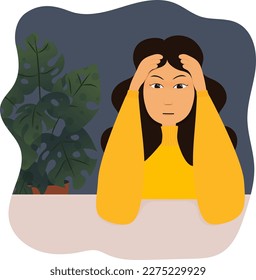 A girl in a yellow sweater and wide pants. The girl shows emotions. Beautiful woman in different poses expressing emotions