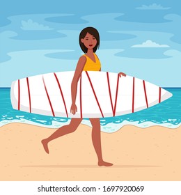 Girl in yellow swimsuit carries a surfboard. Beach background, summer vacation concept. Vector illustration in flat style