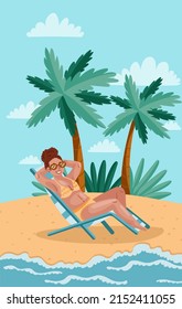 A girl in a yellow swimsuit lies on a deck chair and sunbathes on the beach. Drawn in cartoon style. Vector illustration for designs, prints, patterns. Summer landscape in the background